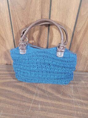 Blue Crocheted Handbag with Brown Handles
